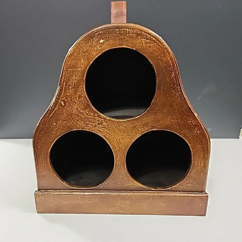 vintage Wooden Wine Caddy With Leather Handle Oriental Tree Art Work Very Unique